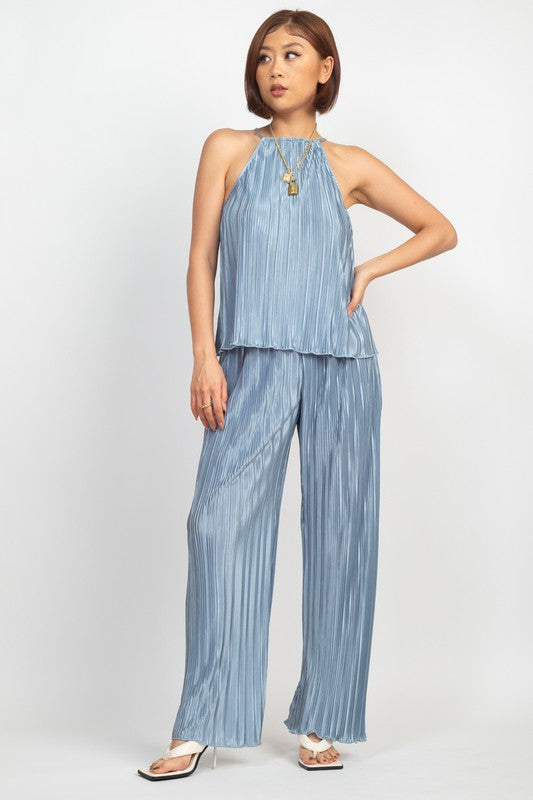 PLEATS HALTERNECK TOP AND WIDE PANTS SET