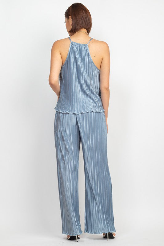 PLEATS HALTERNECK TOP AND WIDE PANTS SET