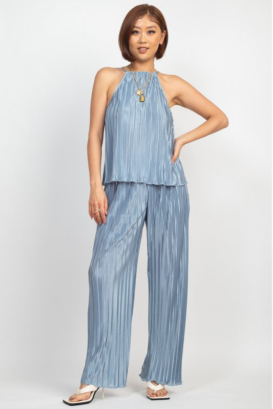 PLEATS HALTERNECK TOP AND WIDE PANTS SET