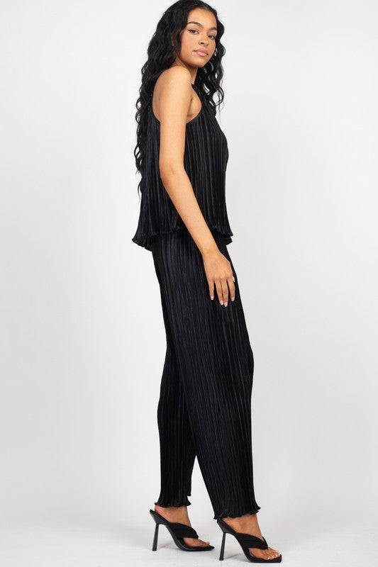 PLEATS HALTERNECK TOP AND WIDE PANTS SET