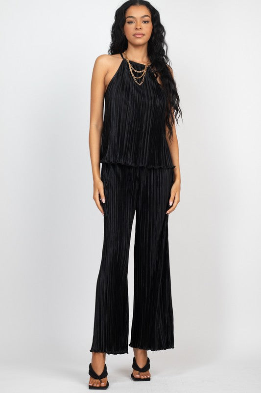 PLEATS HALTERNECK TOP AND WIDE PANTS SET