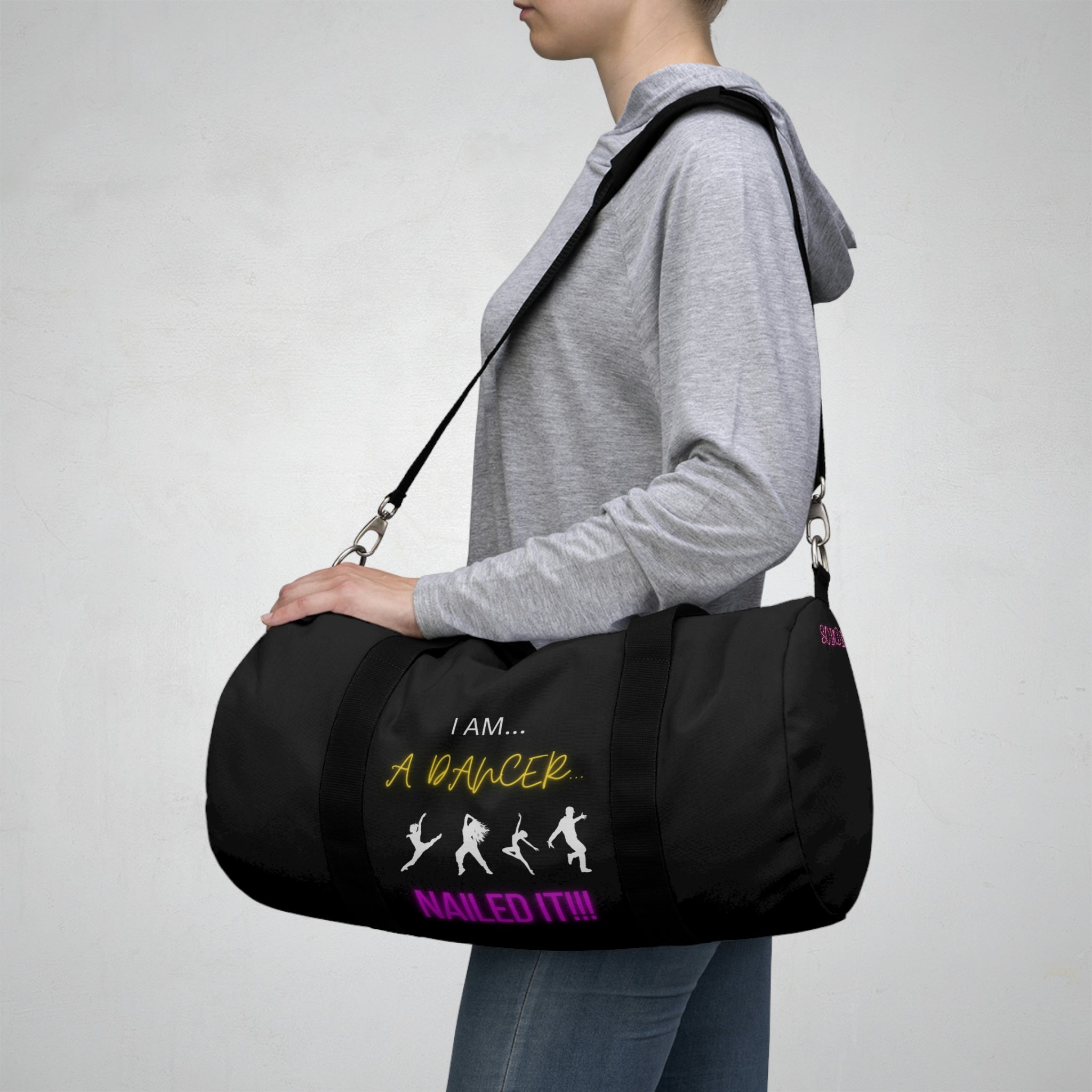 I Am a Dancer | Black Duffel Bag with Customized Design | Name Tag Inside | Great for Dance Studio | Light Travels | On-The-Go | Easy to Carry Duffel Bag