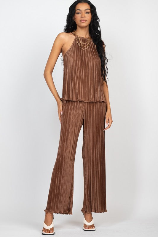 PLEATS HALTERNECK TOP AND WIDE PANTS SET